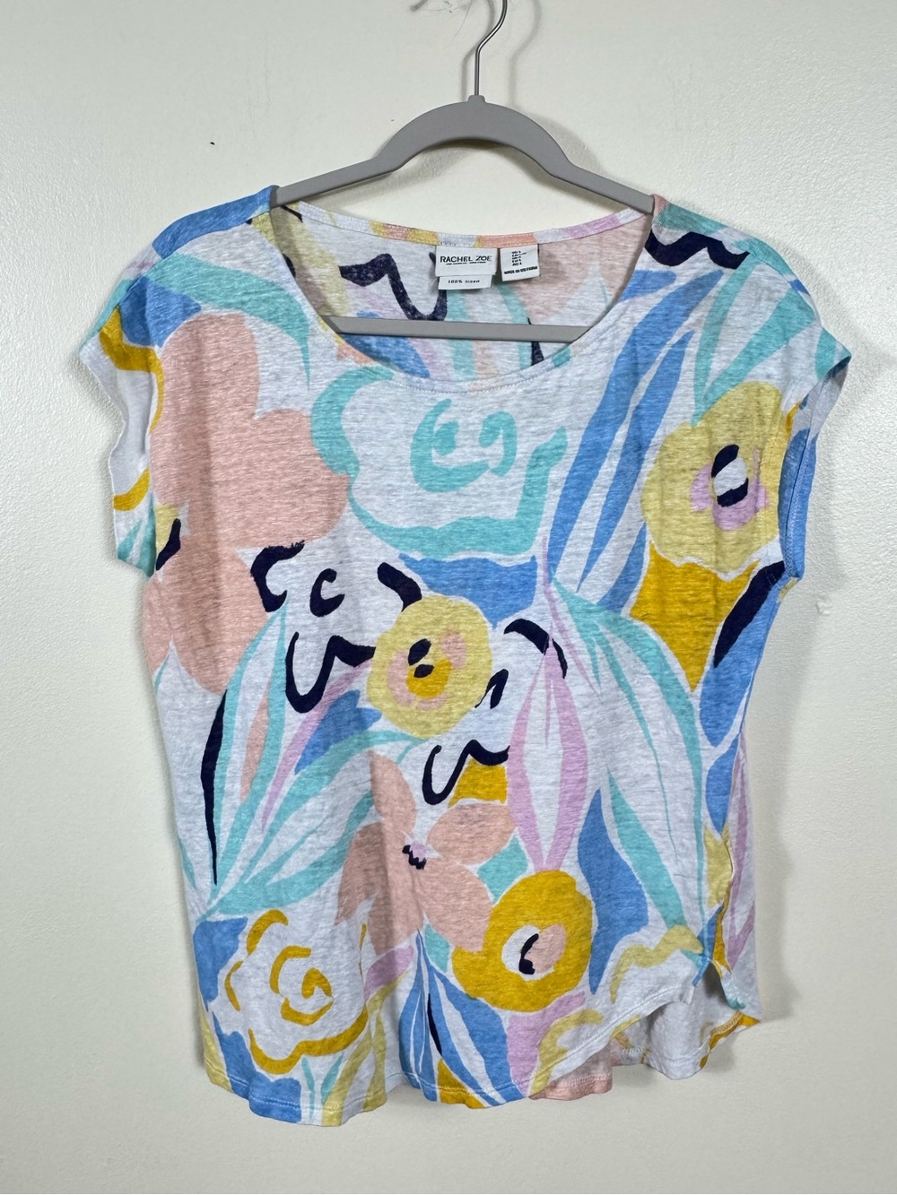Rachel Zoe 100% Linen Blouse Top Large Floral  Euro Summer Coastal Beachy